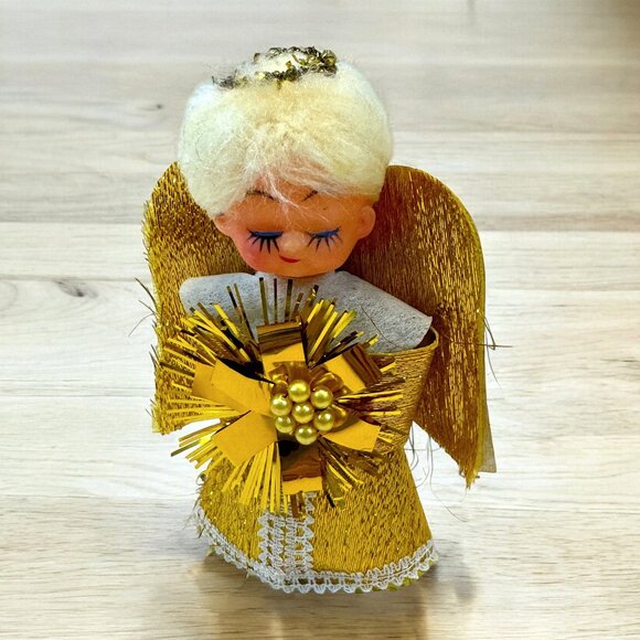 Vintage 1960's Gold Christmas Angel Sparkling Fabric White Hair Plastic Head - Picture 2 of 4